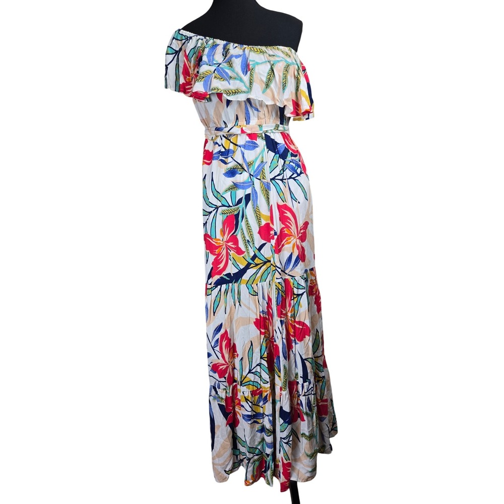 NWT Let‎ Them Eat Cake Ivory Floral One Shoulder Tiered Maxi Dress Medium Resort